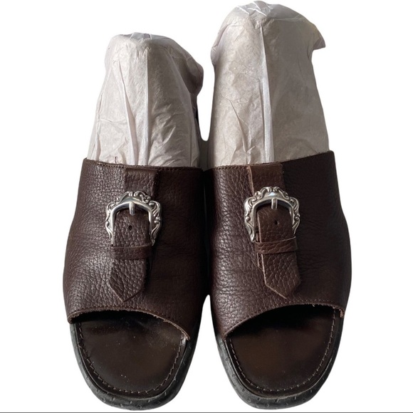 Brighton Italy Laura Brown Leather & Silver Tone Buckle Peep Toe Sandals Sz 7.5M - Picture 2 of 10